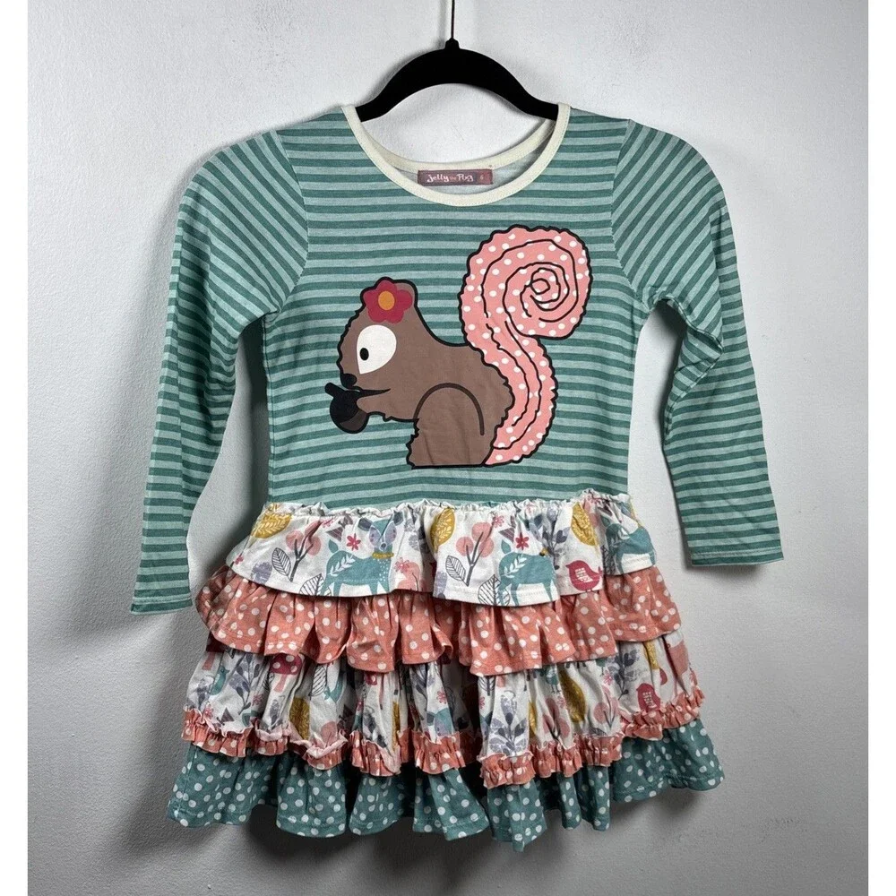 Jelly The Pug Size 6 Woodland Squirrel Knit Dress Ruffle Cottagecore 100% cotton